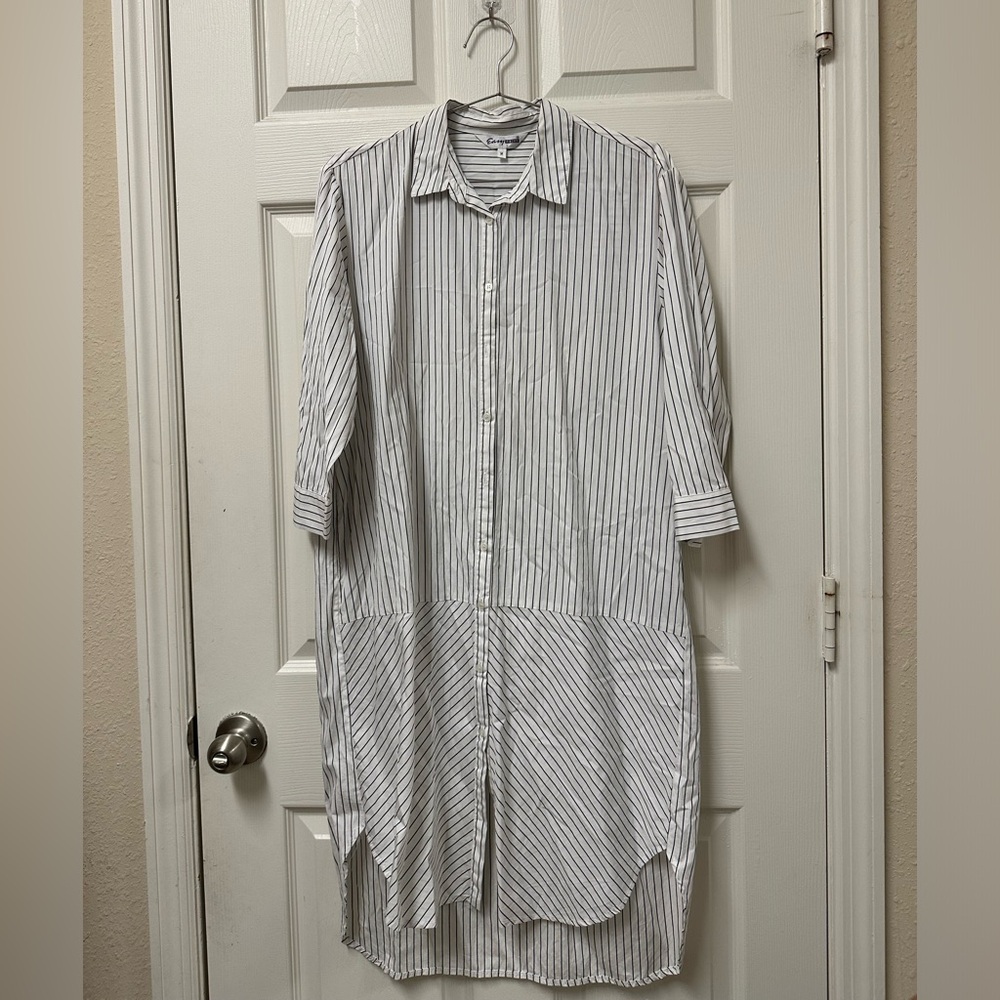 White Striped Women’s Shirt Dress | white with black stripes